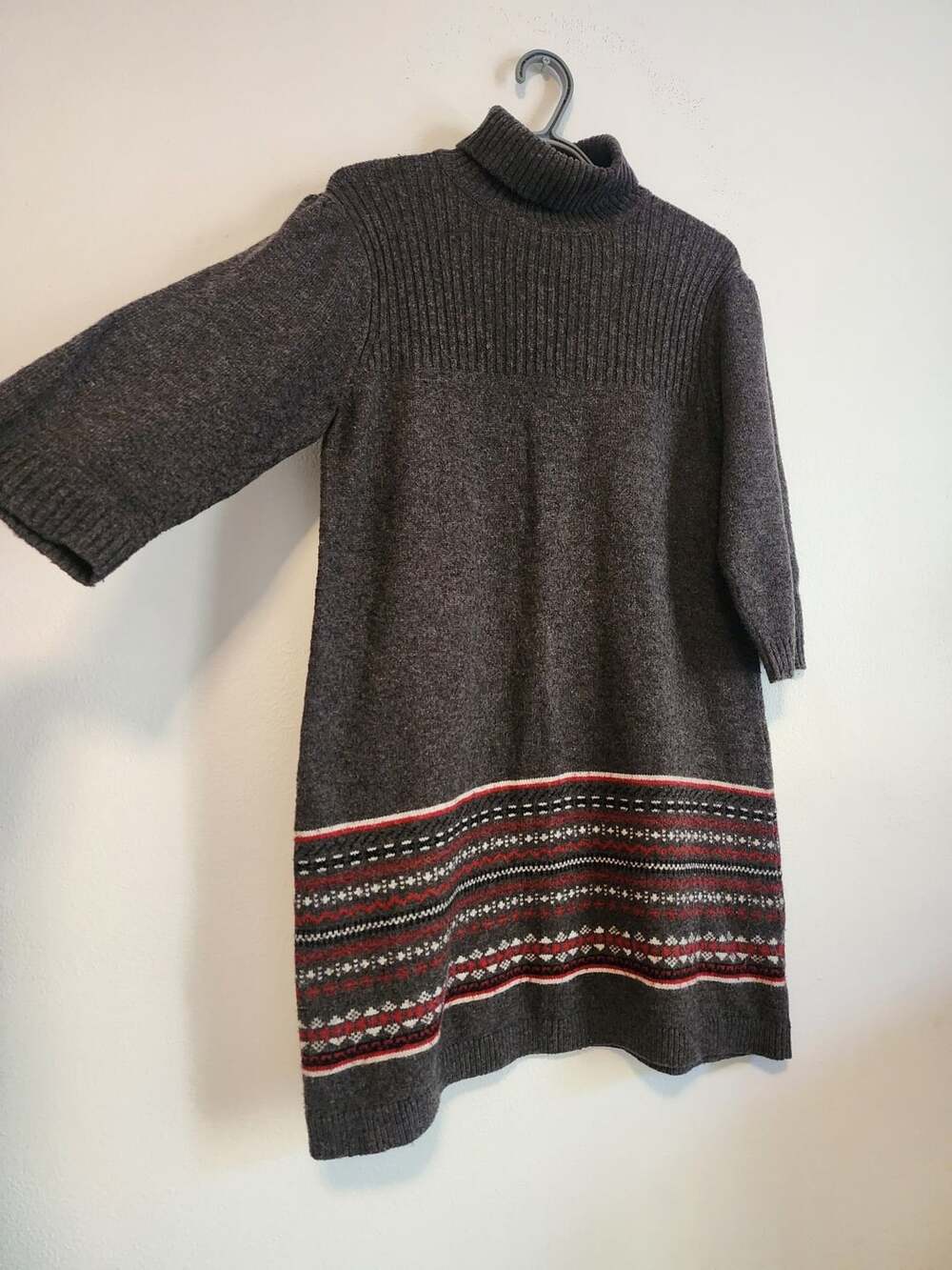 Gray Wool blend Nordic print Ribbed knit Turtleneck Sweater Dress Size X Cozy F